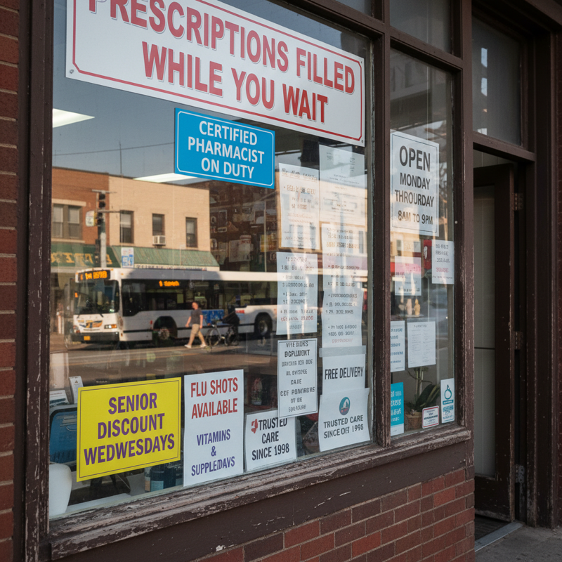 AI text rendering failure: pharmacy with multiple garbled text signs AI generated pharmacy storefront with garbled and distorted small text on window signs